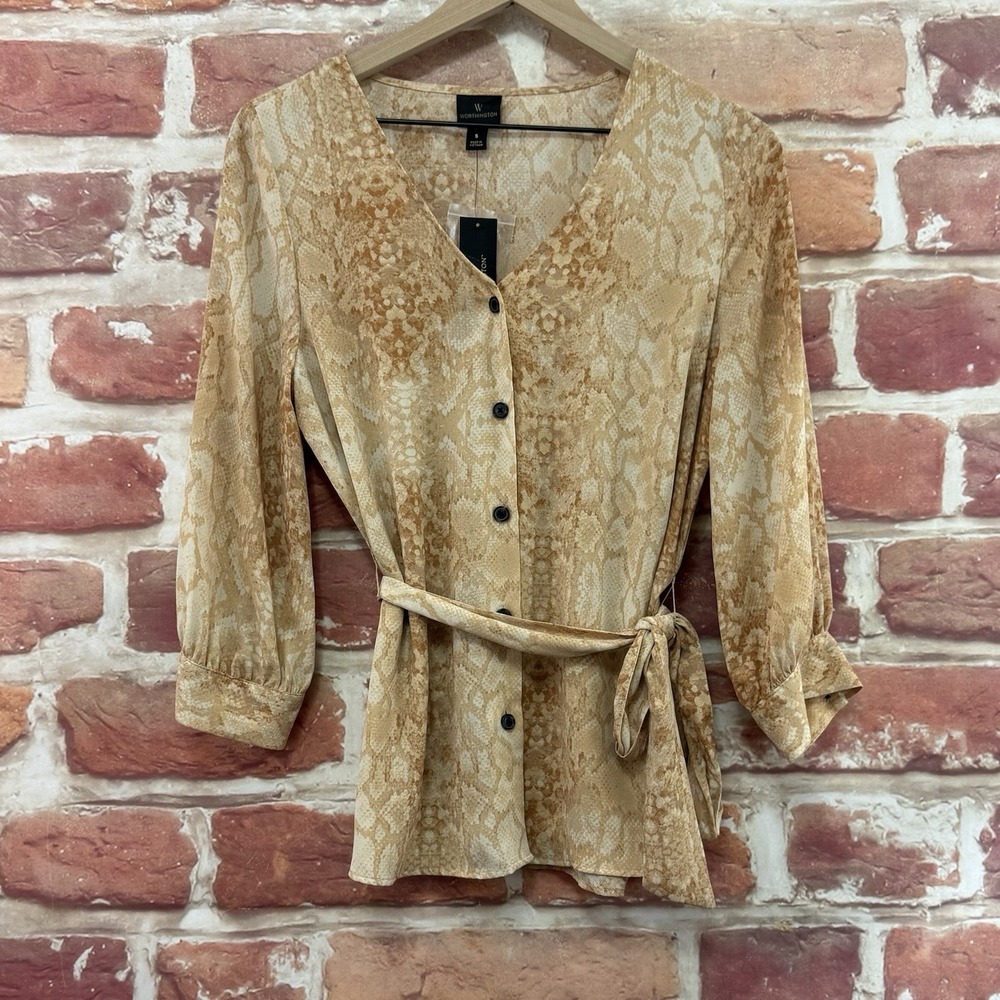 Worthington Top Womens S Tan Multicolor Snakeskin Abstract Sheer Tie Waist Shirt